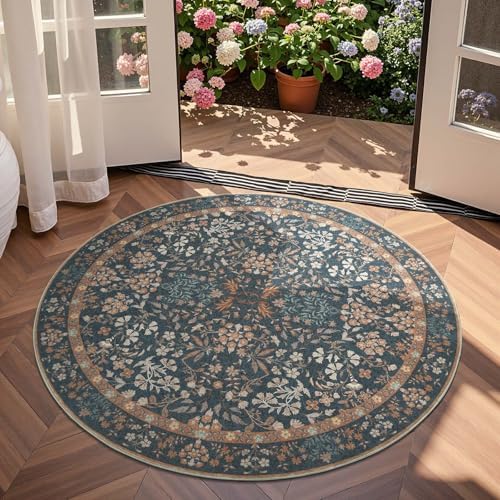 jinchan 5ft Washable Round Area Rug, Soft Floral Non-Slip, Dark Blue - Image 3