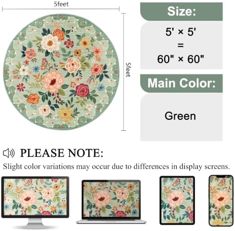 DUKINO 5ft Round Rug, Non Slip Floral Washable Small Circle Rug - Image 2