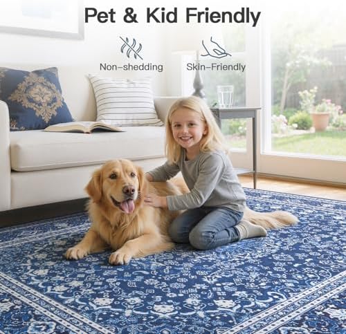 9x12 Area Rugs for Living Room, Washable Non-Slip Rug, Oriental Dark Blue - Image 5