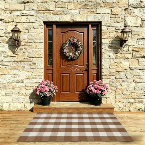 SEEKSEE Fall Decor Buffalo Plaid Outdoor Rug 3' x 5' Coffee and White Front - Image 4