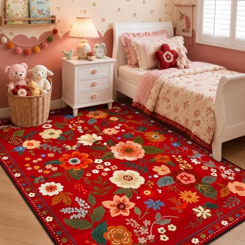 Floral Washable 5x7 Area Rugs Red/Orange - Image 2