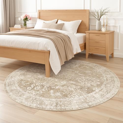 Madane Washable Round Rug 6ft for Living Room, Soft Neutral Rug Beige/Brown - Image 4