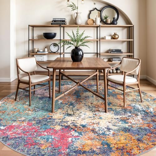 Abstract 9ft Round Rug: Large Washable Non Slip Area Rug Multi Colorful - Image 3
