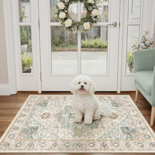 Washable 2x3 Area Rug, Non Slip Small Entryway Rugs Green/Beige - Image 3
