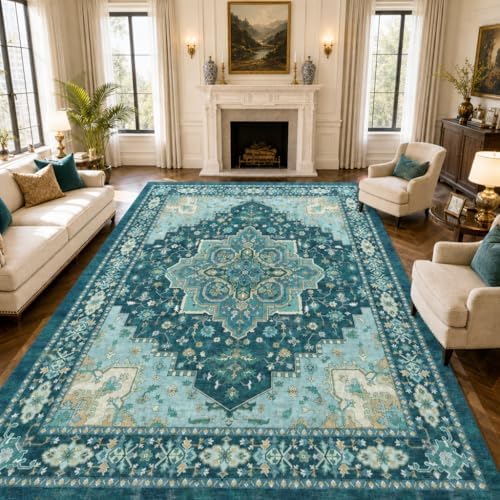 Amada Vintage Washable Area Rug, Teal Blue - Image 3