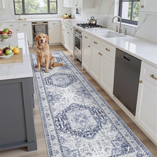 Hallway Washable 2.6x10 Runner Rug, Non Slip Vintage Kitchen Rugs Navy/Blue by Xilixili