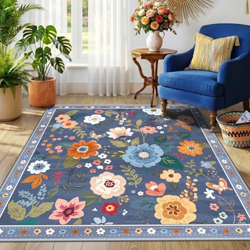 RELEANY Floral Washable Square 5ft Area Rug Blue/Grey - Image 6