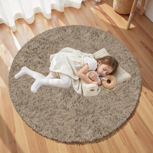 Grey Camel Round Fluffy Rug 6ft Plush Fuzzy Shaggy Carpet - Image 5