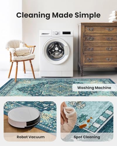 Amada Vintage Washable Area Rug, Teal Blue - Image 6