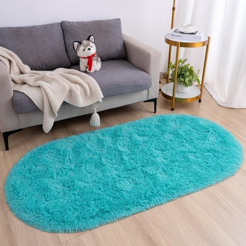 Goideal Fluffy Bedroom Rug, Small Oval Area Rugs, Teal Shag Bedside Carpet - Image 2