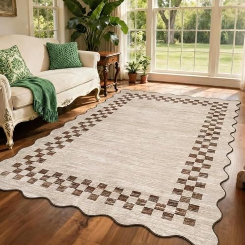 Garvee Checkered Border 6x9 Scalloped Washable Rugs by Garvee