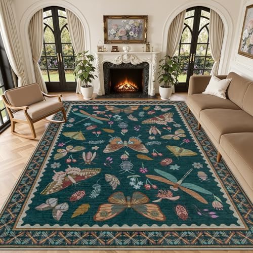 10x12 Area Rug Living Room: Soft Floral Washable Carpet Teal by EXPEDIX