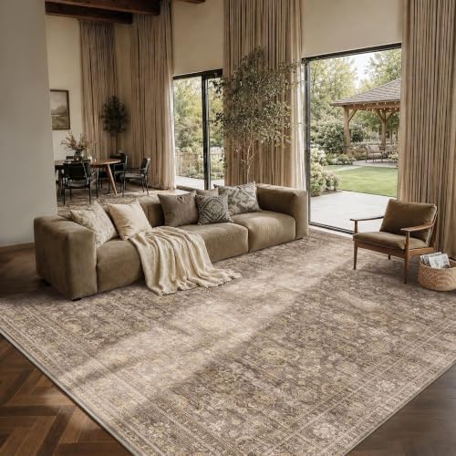 JOOJA 8x10 Neutral Tan Vintage Soft Low Pile Boho Washable Large Area Rug - Image 2