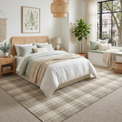 Beige Checkered 8x10 Washable Non-Slip Area Rug - Image 3