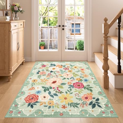 DUKINO 4x5 Area Rug for Entryway, Soft Floral Washable Rug Non Slip by DUKINO