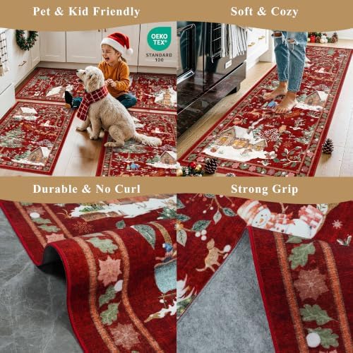 3-Piece Christmas Rug Set for Kitchen: Red Washable Throw Kitchen Mat Low Pile - Image 6