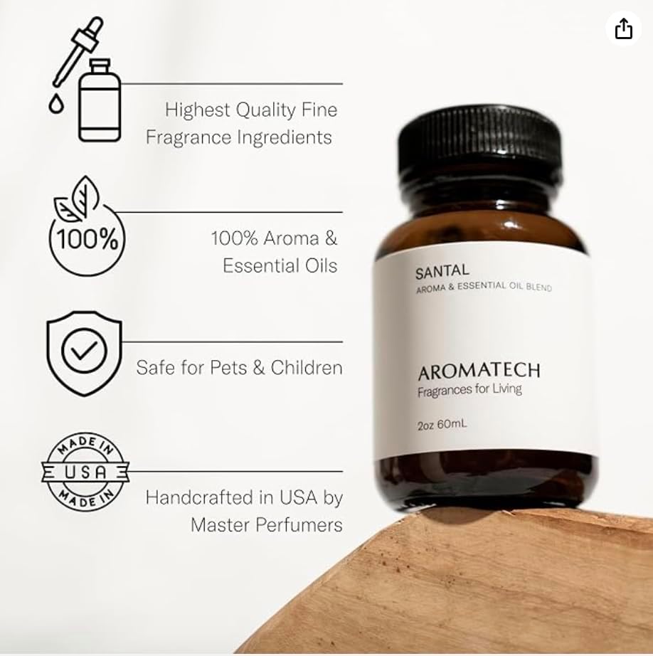 AromaTech Santal Aroma Essential Oil Blend: Luxury Hotel Inspired Aromatherapy with Amber, Vanilla, Cedar & Sandalwood for Ultrasonic Diffusers & Nebulizers - 4 fl oz, 120 mL