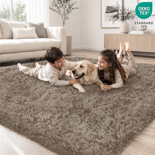 Tosuoka 5x7 Area Rugs for Living Room Bedroom, Taupe Rug Soft Fluffy Shag - Image 3