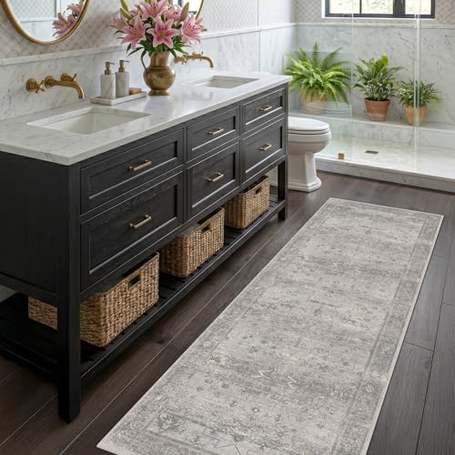 2x6 Washable Bathroom Runner Rug, Non Slip Low Pile Vintage Distressed Kitchen by TALANOVA