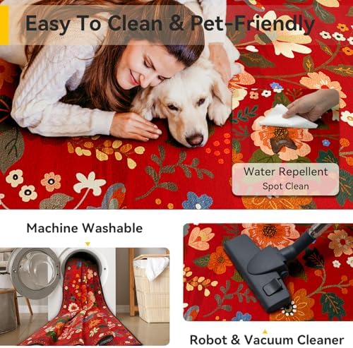Floral Washable 5x7 Area Rugs Red/Orange - Image 4