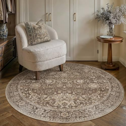 HUGEAR 4x4 Round Rugs Brown Vintage Rug - Image 2