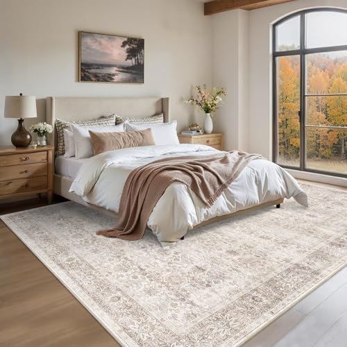 9x12 Washable Area Rug Neutral Beige Vintage Rug - Image 2