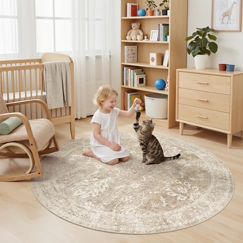 Madane Washable Round Rug 6ft for Living Room, Soft Neutral Rug Beige/Brown - Image 3