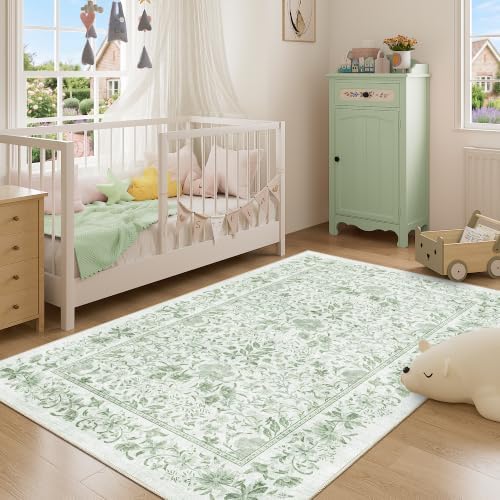 DUKINO 4x6 Rug for Living Room, Washable Vintage Floral Area Rug Sage Green - Image 3