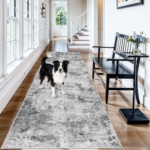 Washable Abstract Rug Hallway 3x9: Non Slip Modern Indoor Runner Black Grey by HILORUUG