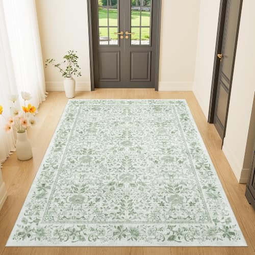 DUKINO 4x6 Rug for Living Room, Washable Vintage Floral Area Rug Sage Green by DUKINO