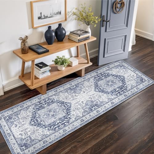 Washable 2.6x8 Hallway Runner Rug, Non Slip Vintage Kitchen Rugs Navy/Blue - Image 3
