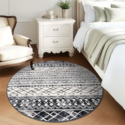 KUTA Washable Rugs Round 5Ft Black Navy Blue Boho Geometric Area Rug - Image 3