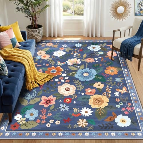RELEANY Floral Washable 5x8 Area Rugs Blue/Grey by RELEANY