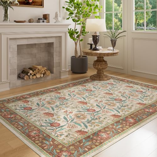DUKINO 4x6 Area Rug, Washable Vintage Floral Rug - Image 5