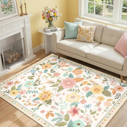 RELEANY Floral Washable 3x5 Area Rugs Beige/White/Orange - Image 2