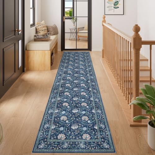 DUKINO 2x8 Runner Rug, Washable Vintage Floral Kitchen Rugs, Dark Blue - Image 3