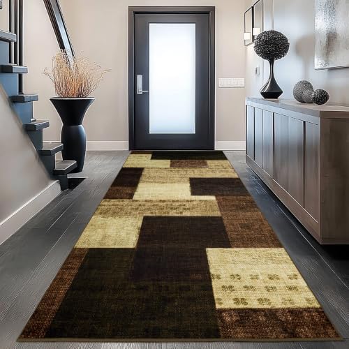 Modern Geometric Patchwork Indoor Taupe Runner Rug - Image 2