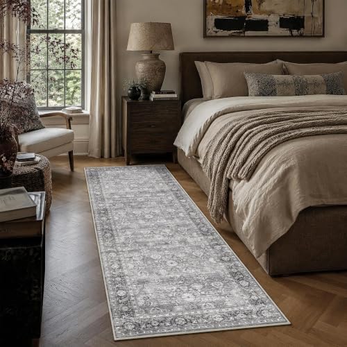 JOOJA 2x6 Grey Vintage Soft Low Pile Non Slip Washable Boho Runner Rug - Image 3