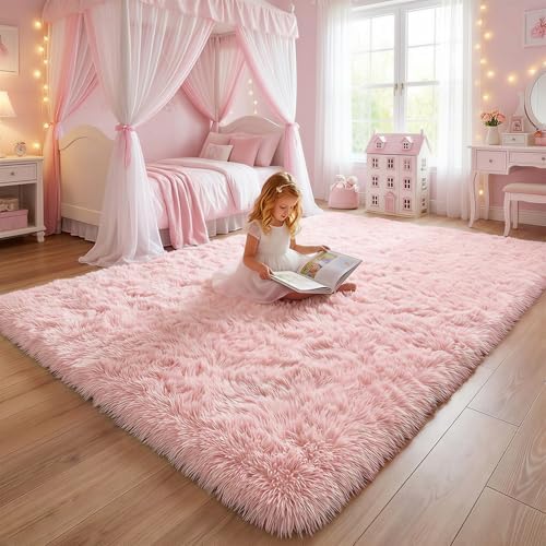 Amdrebio Pink Fuzzy Furry Kids Rug 5x8 - Image 5