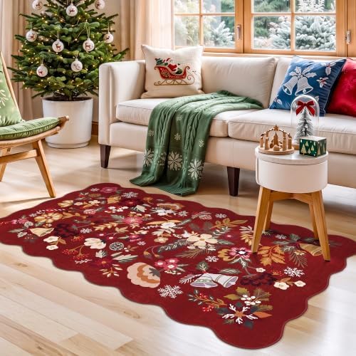 Christmas Red 3x5 Entryway Rug: Scalloped Floral Washable Holiday Door Mat - Image 5