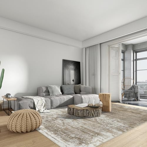 8x10 Area Rugs for Living Room: Washable Abstract Brown White Carpet - Image 3