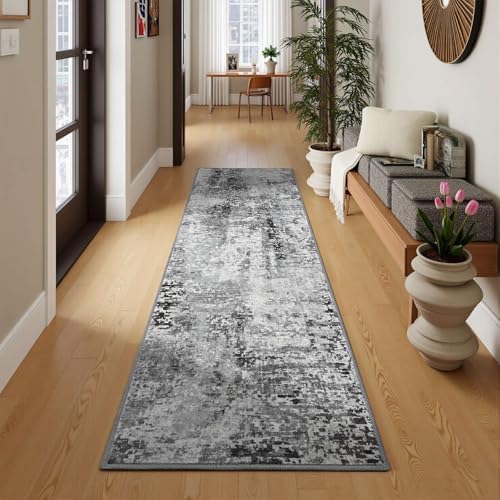 Dark Grey Washable Runner Rug for Bedroom, Abstract Non-Slip Soft Entryway Rugs - Image 2