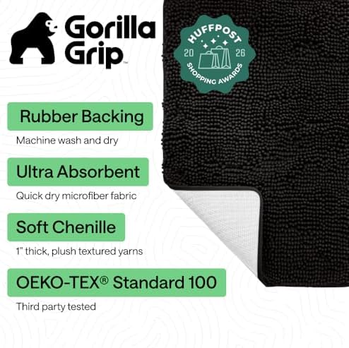 GORILLA GRIP Bath Rug Mat for Bathroom, Absorbent Chenille, 70x24 Black - Image 2