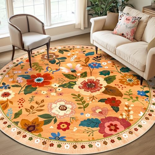 RELEANY Floral Washable Round 8ft Area Rug Orange/Yellow/Red by RELEANY