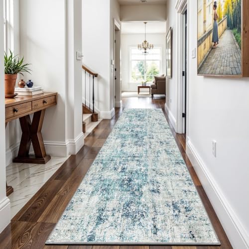 Machine Washable Runner Rugs 3x9 Modern Abstract Rug Ocean Mist by WIEVEDENS