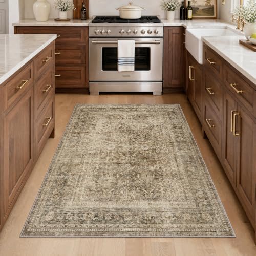 FMFUNCTEX 3x5 Washable Brown Neutral Vintage Retro Area Rug - Image 3