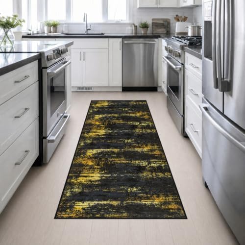 3x8 Washable Runner Rug：Modern Abstract Soft Carpet Black Gold - Image 4