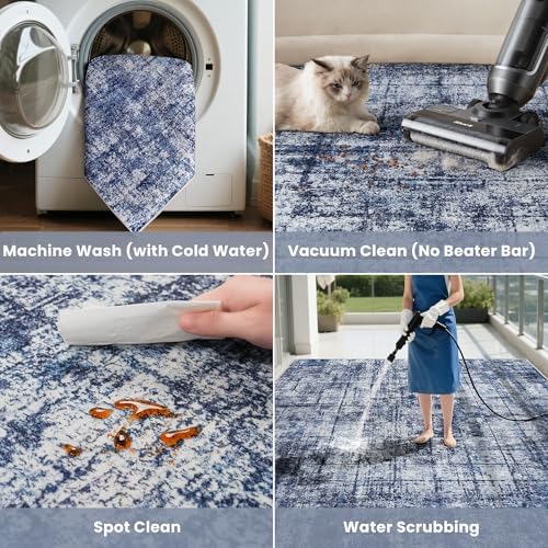 10x14 Washable Area Rug for Living Room Bedroom: Non-Slip Modern Navy Blue - Image 5