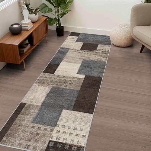 Modern Geometric Patchwork Indoor Blue Runner Rug - Image 3