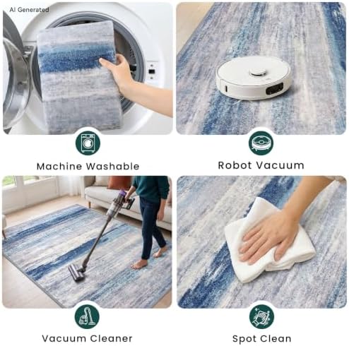 KOZYFLY Abstract Rugs for Entryway 2x3 Washable Area Rug Blue/Grey/Beige - Image 6